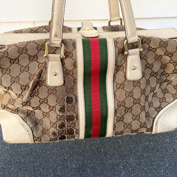 Auth GUCCI Web Sherry Line Hand Bag GG Canvas Leather Bag Made in Italy Damaged